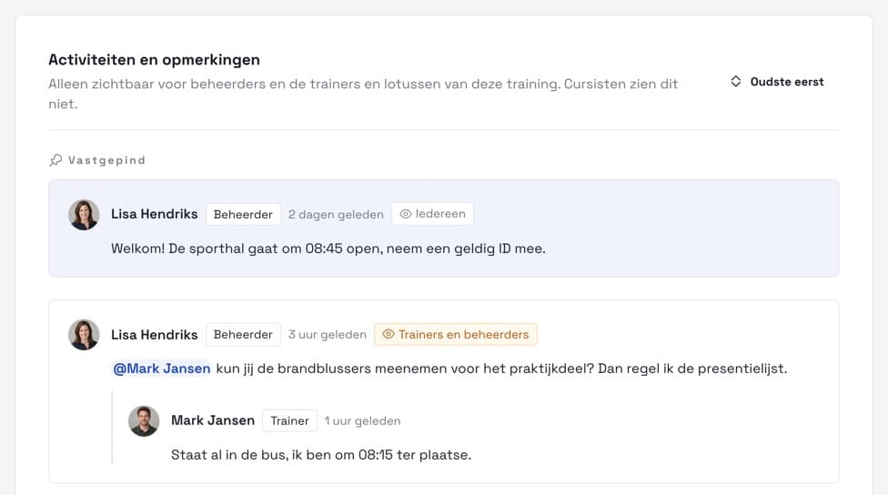 Overleg direct bij de training