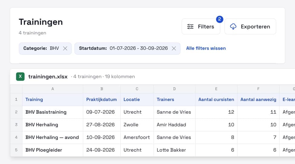 Trainingen exporteren naar Excel